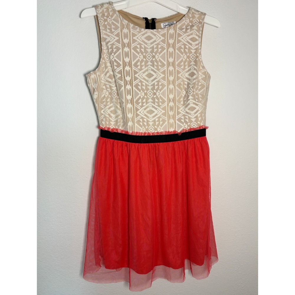 Speechless Lace Tulle Fit and Flare Dress Coral Red Cream Juniors Size 11